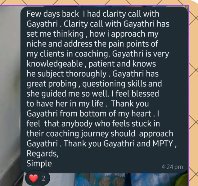 Participant feedback: clarity call with Gayathri transformed how she approaches her niche and clients