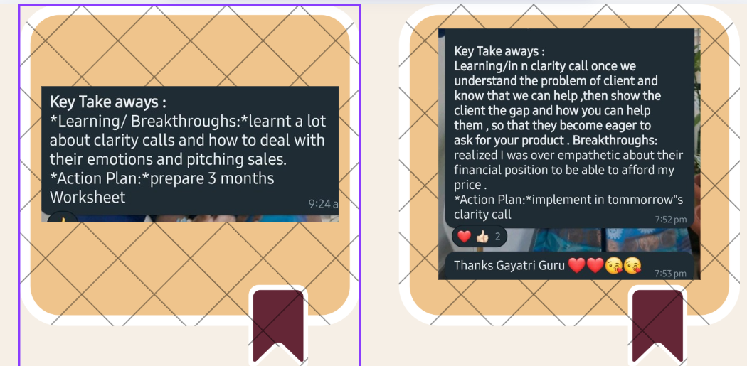 Participant takeaways and action plans from clarity calls with Gayathri