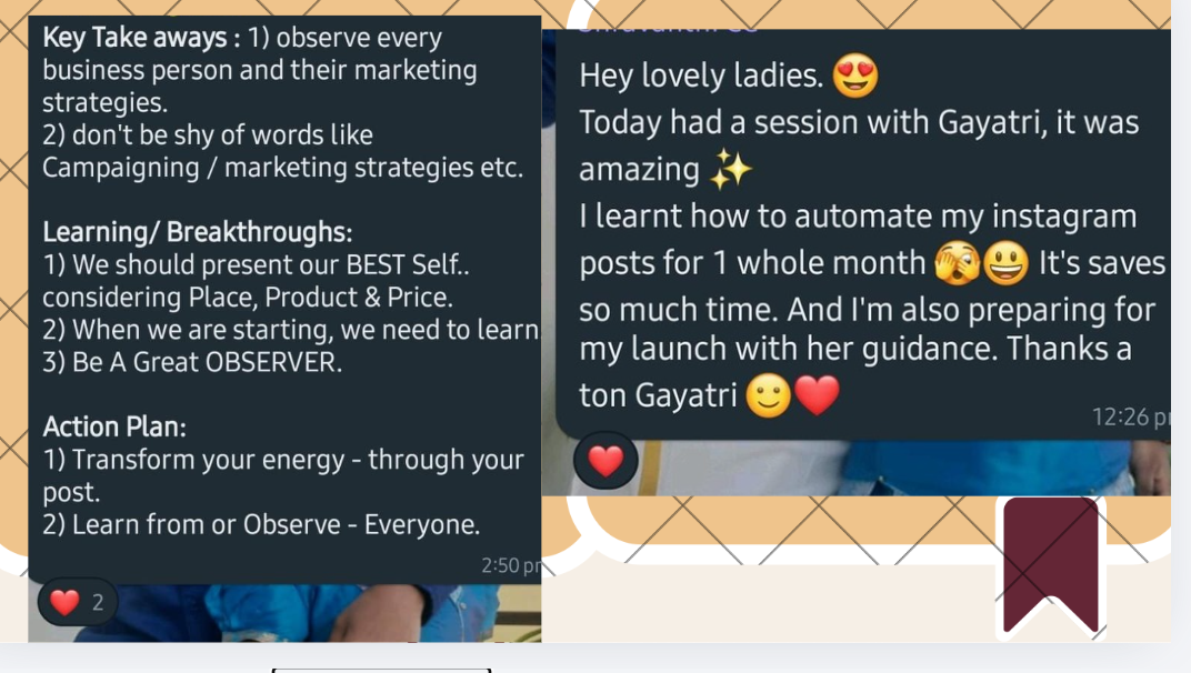 Participant feedback: amazing session, automated a month of Instagram posts and preparing her launch